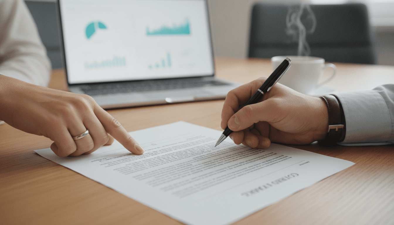 Nahaufnahme einer weiblichen Hand, die auf einen Vertrag zeigt, während eine männliche Hand mit einem Stift zum Unterschreiben bereit ist. Im Hintergrund ein Laptop mit Business-Grafiken und eine Tasse Kaffee. Der Fokus liegt auf den Dokumenten.