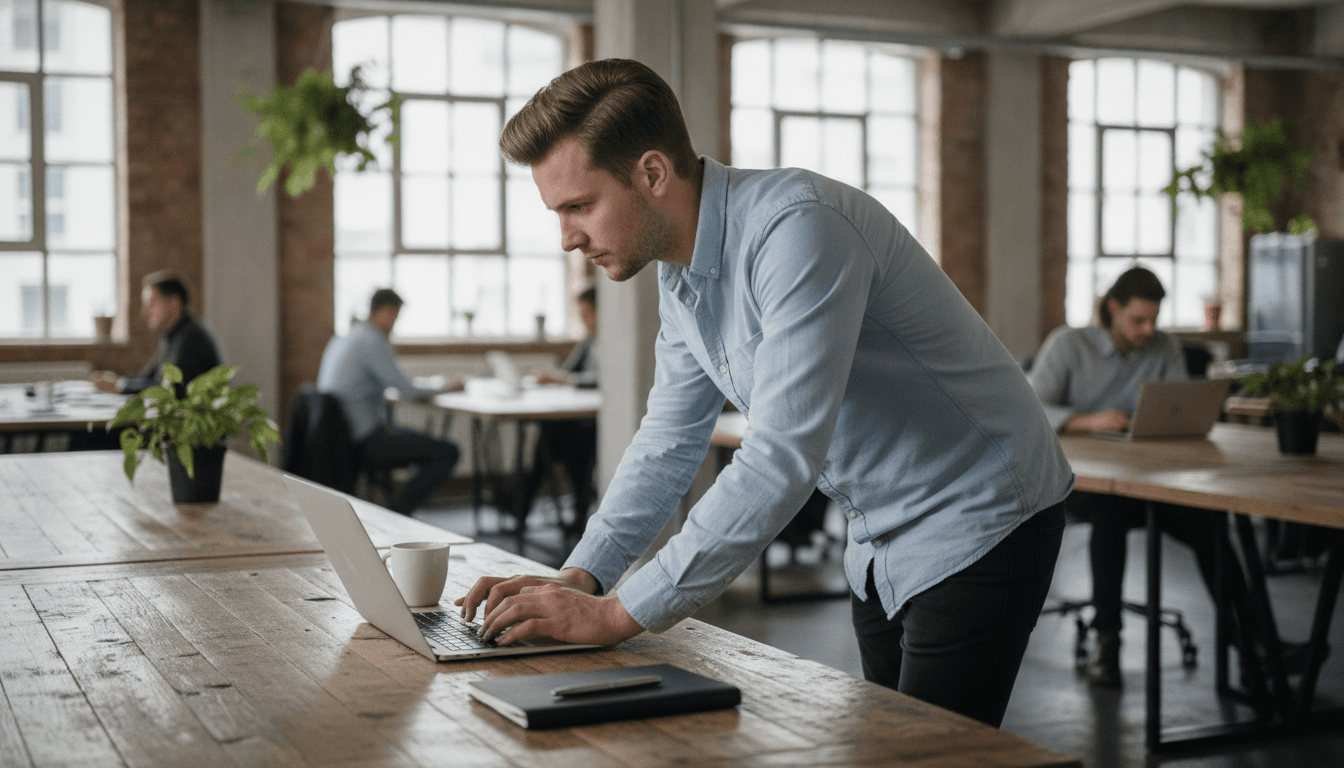 Junger Gründer arbeitet konzentriert an seinem Laptop in einem modernen, hellen Coworking Space, im Hintergrund weitere Personen.
