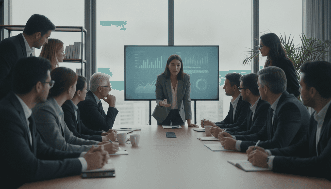 Eine junge Gründerin präsentiert ihre Geschäftsidee enthusiastisch vor einer Gruppe aufmerksam zuhörender Investoren in einem modernen Konferenzraum.
