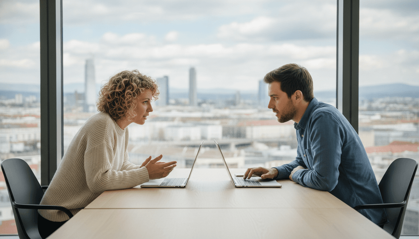 Zwei junge Unternehmer sitzen vor Laptops in einem modernen Co-Working Space und besprechen digitale Strategien für ihr Startup.