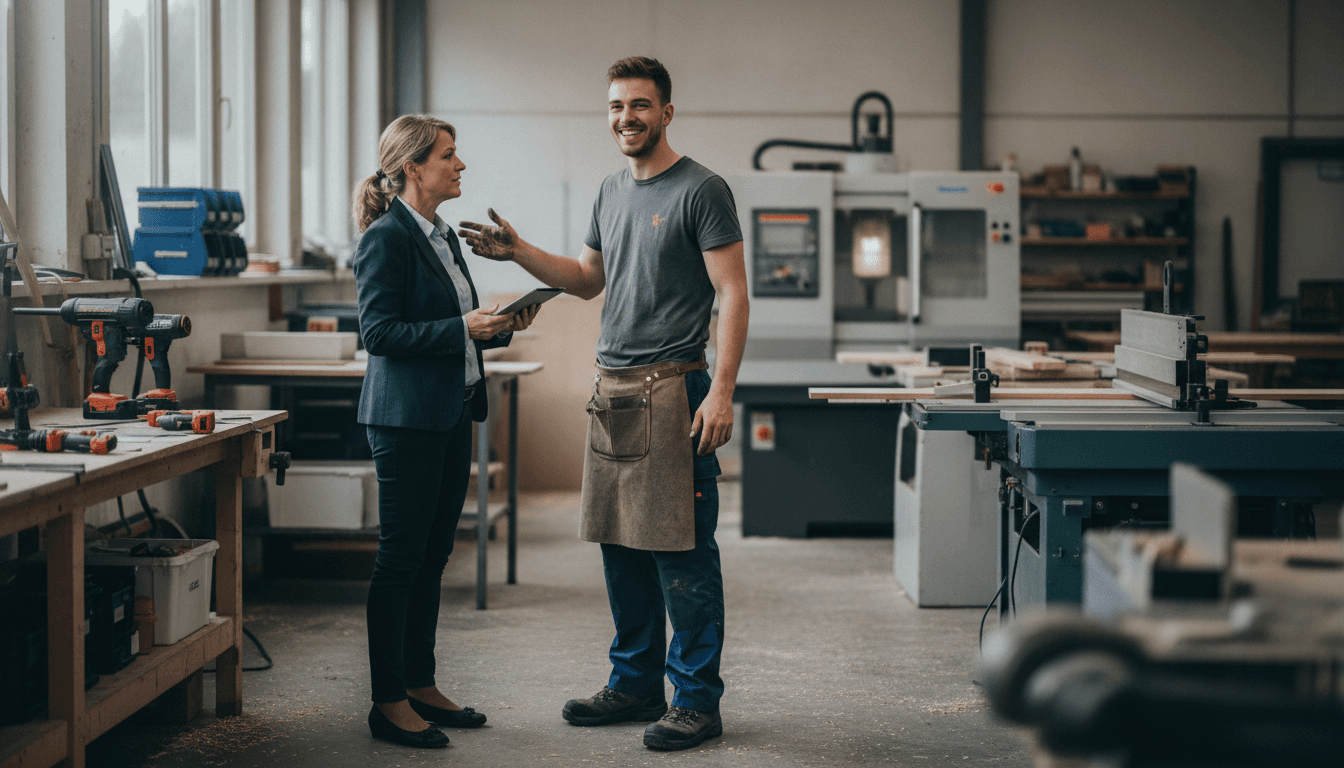 Ein junger Handwerker in Arbeitsschutzkleidung steht lächelnd vor seiner neu eingerichteten Werkstatt und bespricht sich mit einem Kunden. Im Hintergrund sind professionelle Werkzeuge und Maschinen zu sehen.