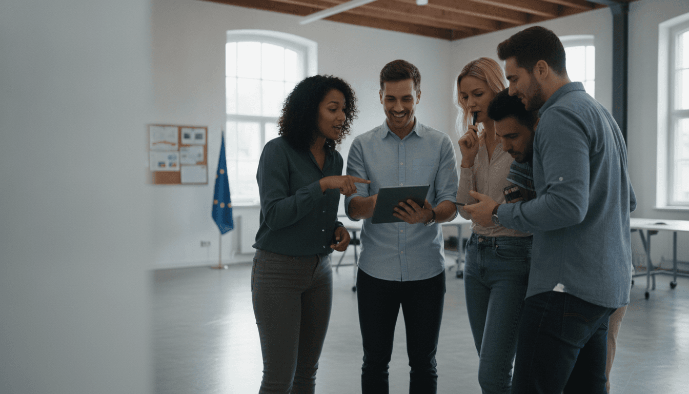 Eine Gruppe junger Gründer und Gründerinnen diskutiert angeregt in einem modernen Büro mit Tablets und Laptop, im Hintergrund eine Europaflagge.