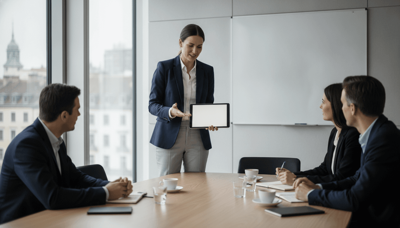 Eine junge Gründerin präsentiert Investoren bei einem Meeting in einem modernen Bürogebäude einen Businessplan auf einem Tablet.