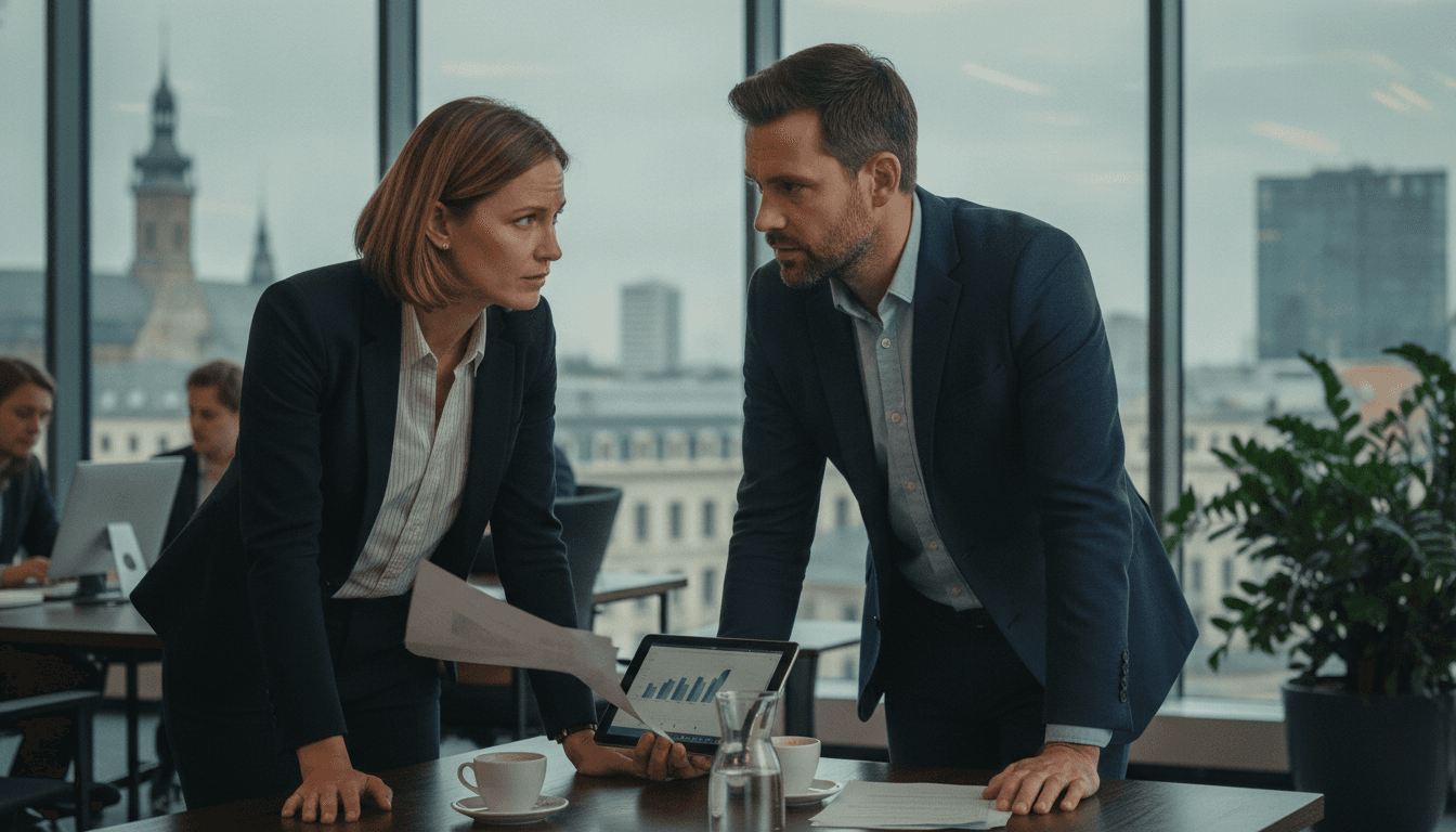 Zwei Gründer besprechen bei einer Tasse Kaffee in einem modernen Bürogebäude die Zukunft ihres Unternehmens, im Hintergrund eine Skyline.
