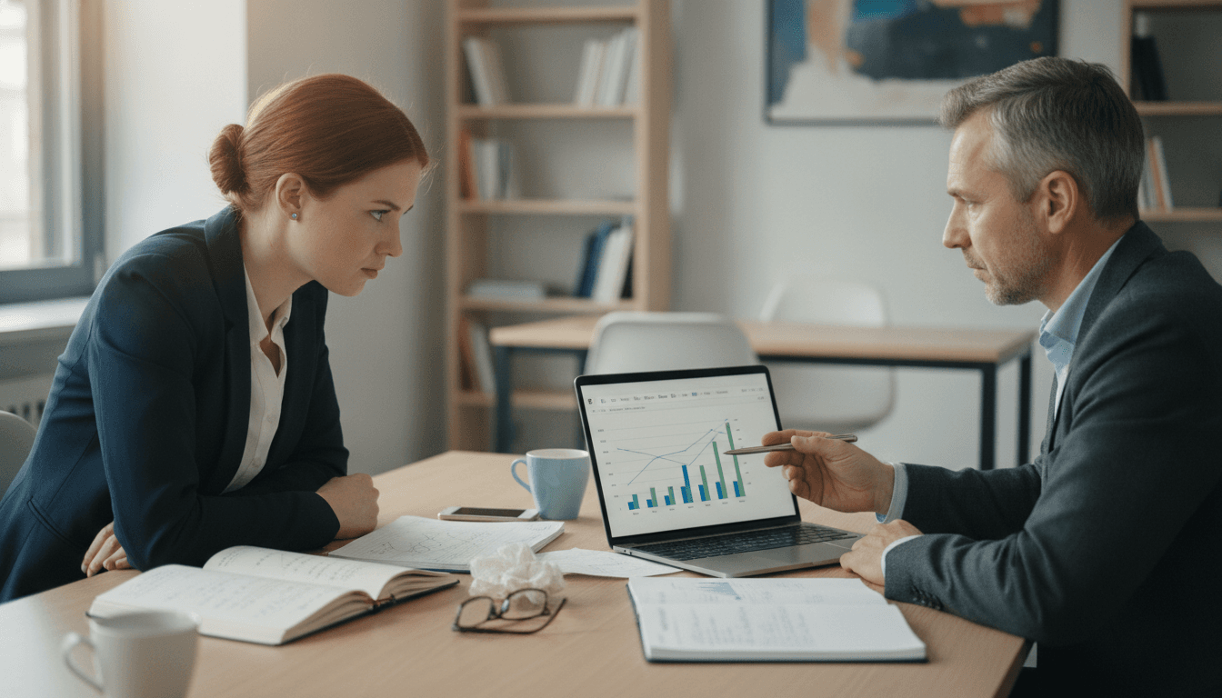 Junge Gründerin im Gespräch mit einem Finanzberater, beide blicken auf einen Laptop mit Diagrammen und Notizen.