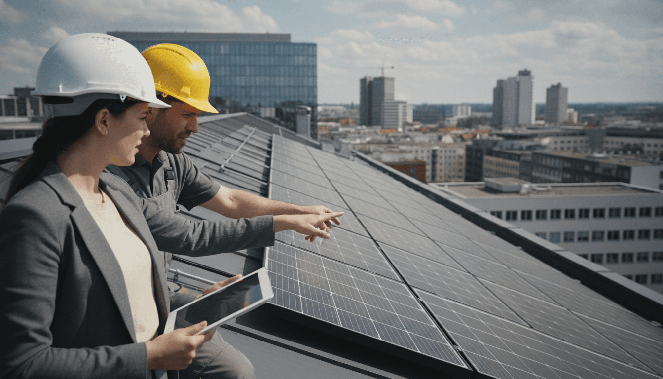Eine junge Frau mit Tablet und Bauhelm bespricht sich mit einem Bauleiter vor einer modernen, energieeffizienten Solaranlage auf einem Gebäudedach.