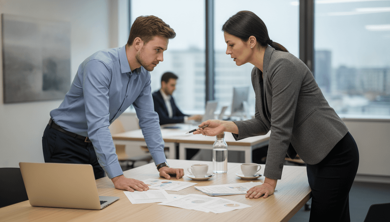 Ein junger Gründer und eine erfahrene Franchisegeberin besprechen Unterlagen in einem modernen Büro.