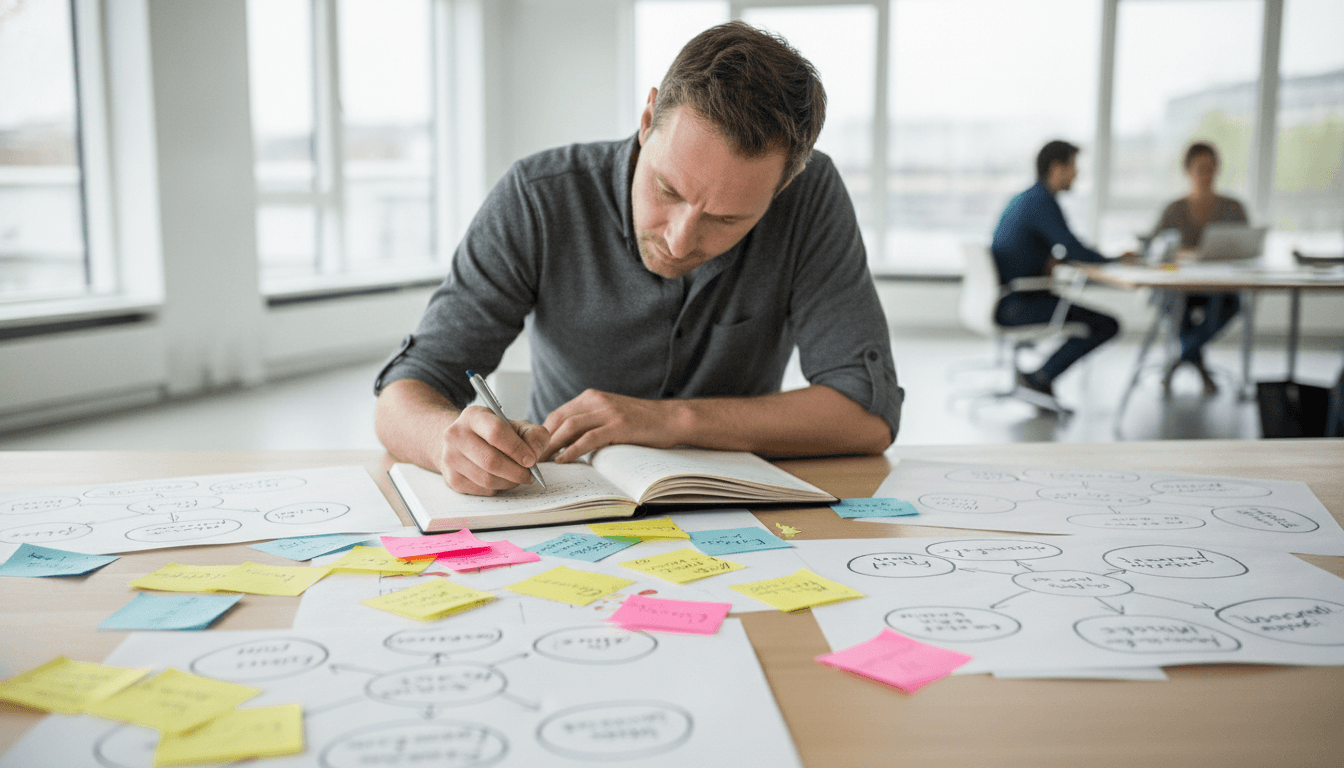 Nahaufnahme einer Person, die Notizen in ein Notizbuch macht, umgeben von Skizzen und Post-its, die Geschäftsideen und Konzepte darstellen, auf einem aufgeräumten Schreibtisch in einem modernen Büro.