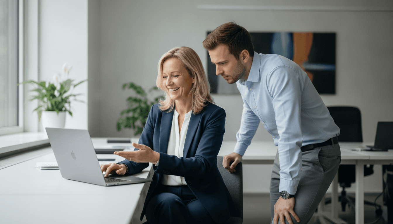 Eine lächelnde Frau mittleren Alters, gekleidet in Business Casual, sitzt an einem Laptop in einem modernen Büro und bespricht ein Projekt mit einem jüngeren Kollegen.