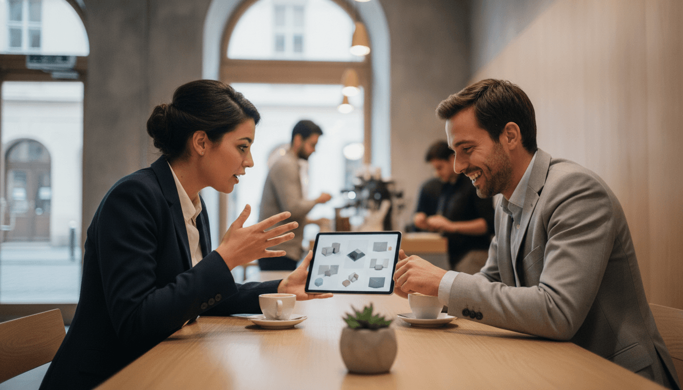 Junge Gründerin im Gespräch mit einem Kunden in einem modernen Büro oder Café, beide lächeln, auf einem Tablet werden Produkte gezeigt.