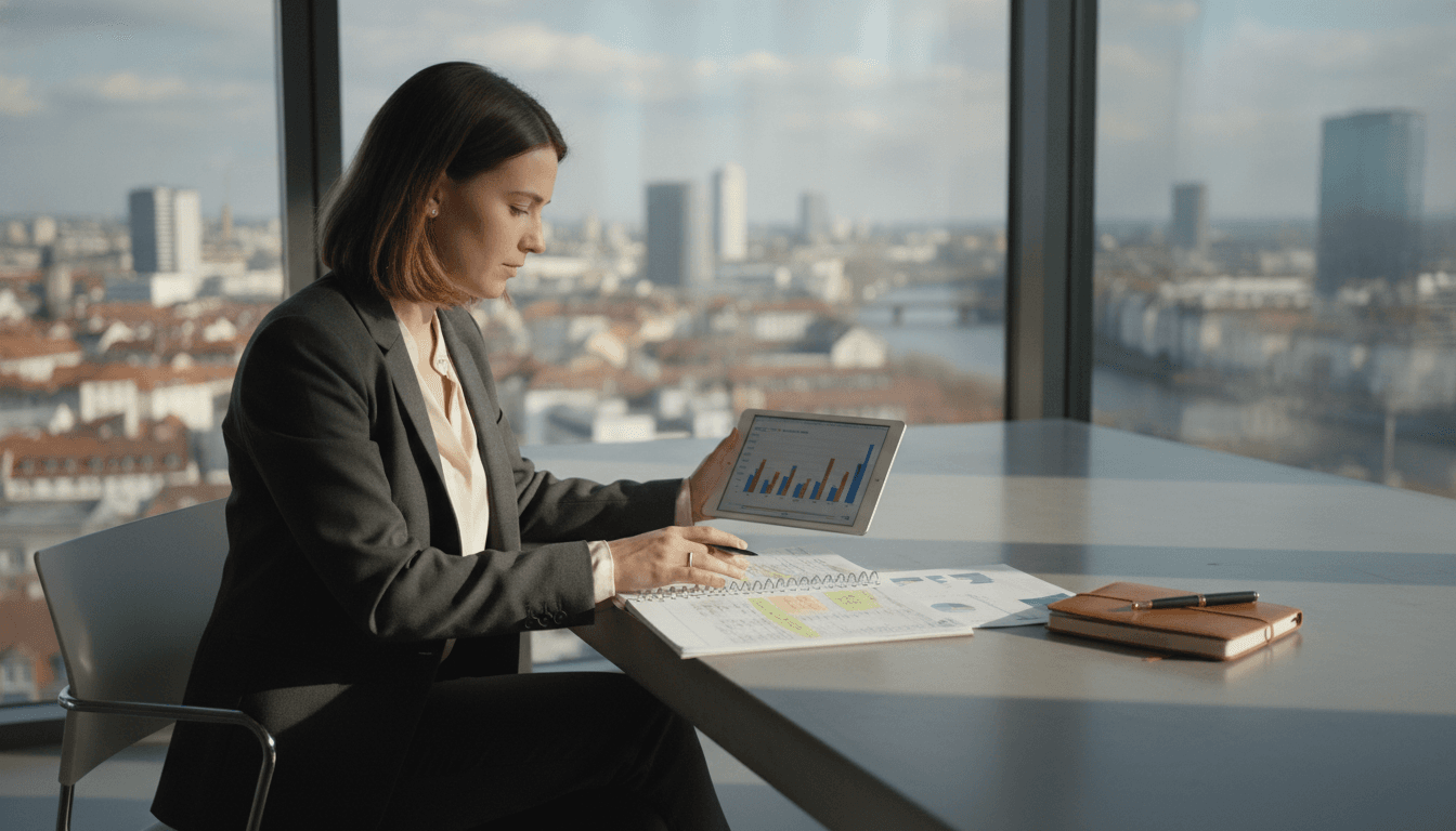 Junge Frau im Büro, die einen Businessplan prüft und auf einem Tablet Finanzen analysiert, im Hintergrund ein Stadtpanorama.