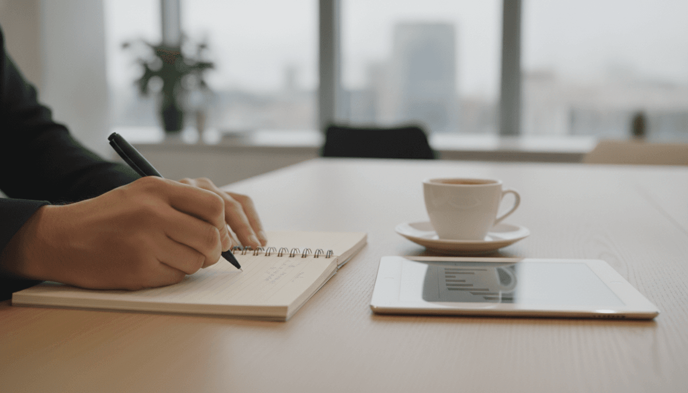 Nahaufnahme eines modernen Notizbuchs mit Stift, umgeben von einem Tablet und einer Kaffeetasse, auf einem Schreibtisch in einem hellen Büro. Hände sind beim Notieren zu sehen.