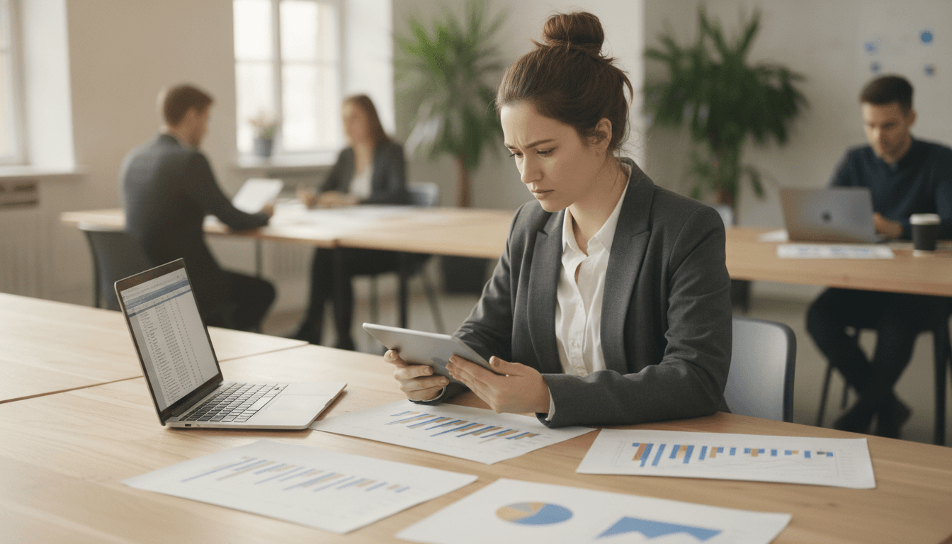 Junge Gründerin analysiert Marketing-Daten auf einem Tablet, umgeben von Notizen und einem Laptop, in einem modernen Co-Working Space.
