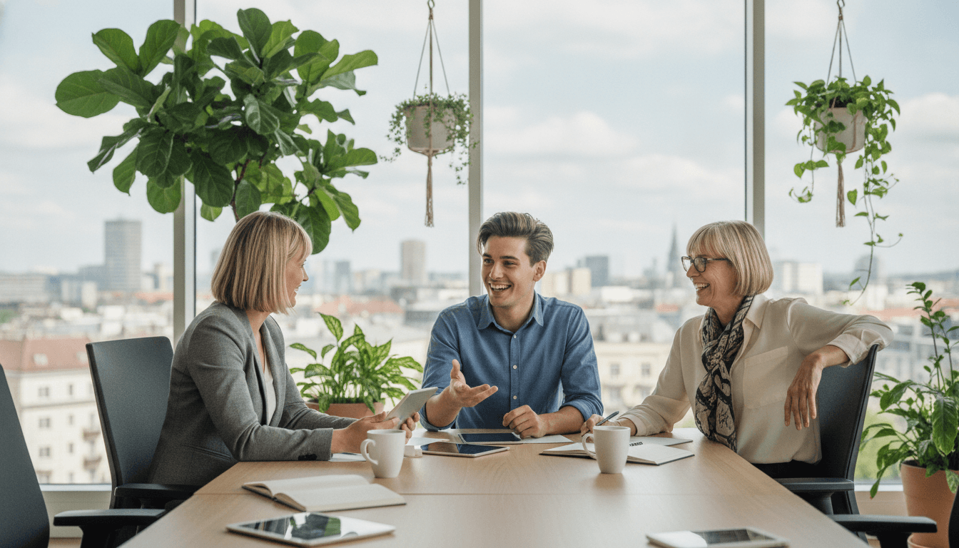 Gründerin im Gespräch mit zwei neuen Mitarbeitern in einem modernen, hellen Büro. Sie wirken motiviert und engagiert.