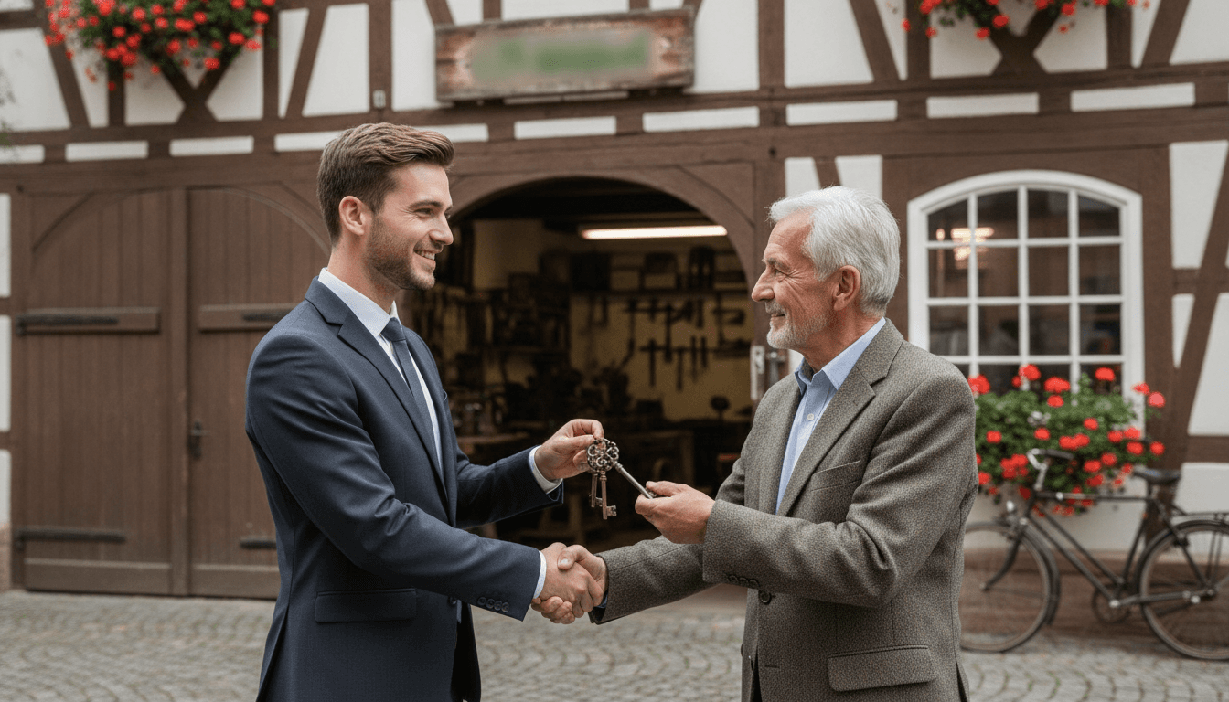 Eine jüngere Unternehmerin steht lächelnd und selbstbewusst vor einem Handwerksbetrieb und schüttelt dem ausscheidenden älteren Firmengründer die Hand, der ihr die Schlüssel übergibt.