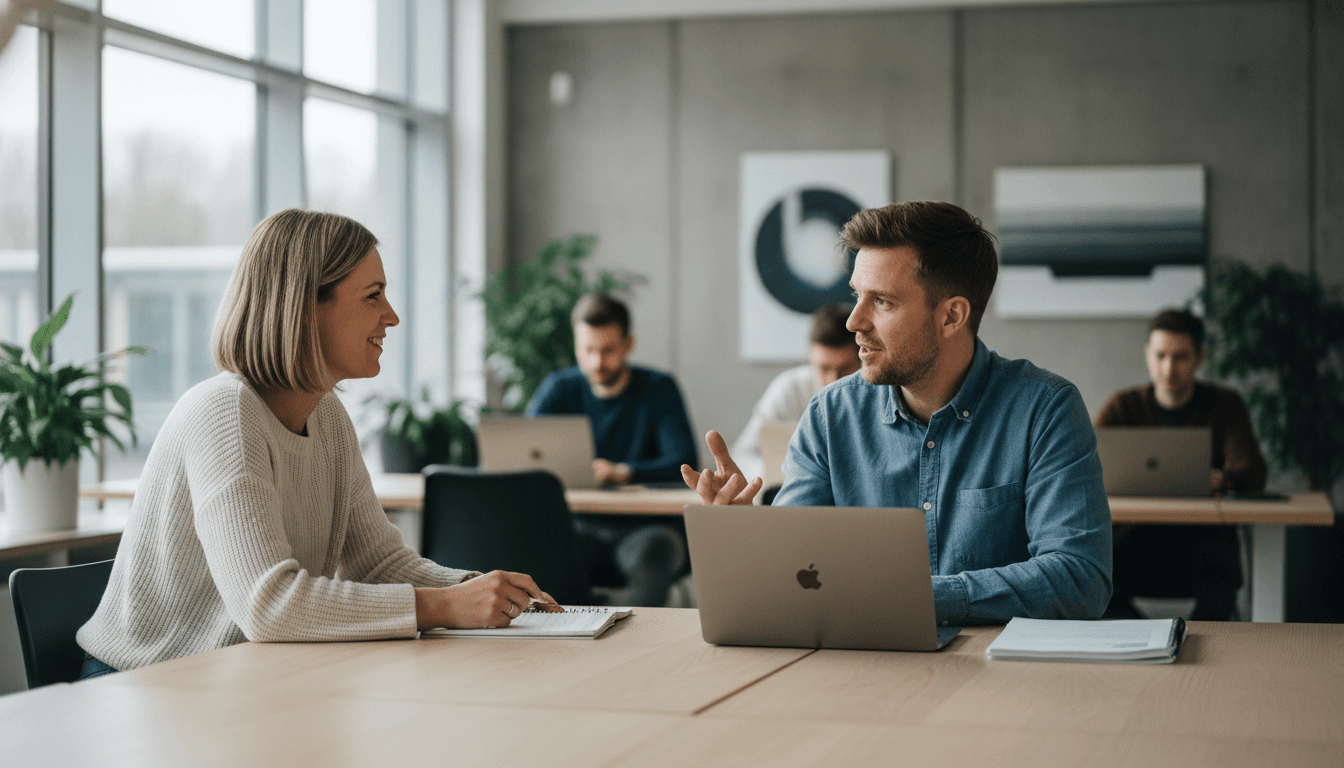 Zwei Gründer mittleren Alters, ein Mann und eine Frau, sitzen an einem hellen Holztisch in einem modernen Co-Working Space und unterhalten sich angeregt über Laptop und Notizbuch, während im Hintergrund weitere Personen arbeiten.