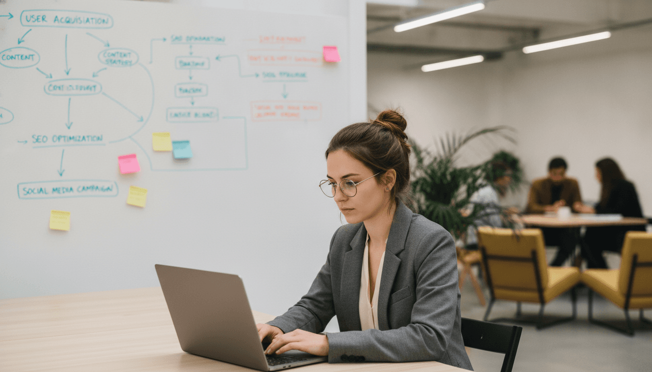 Eine junge Frau sitzt konzentriert vor einem Laptop in einem modernen Büro und arbeitet an einer Website, im Hintergrund ist ein Whiteboard mit Notizen.
