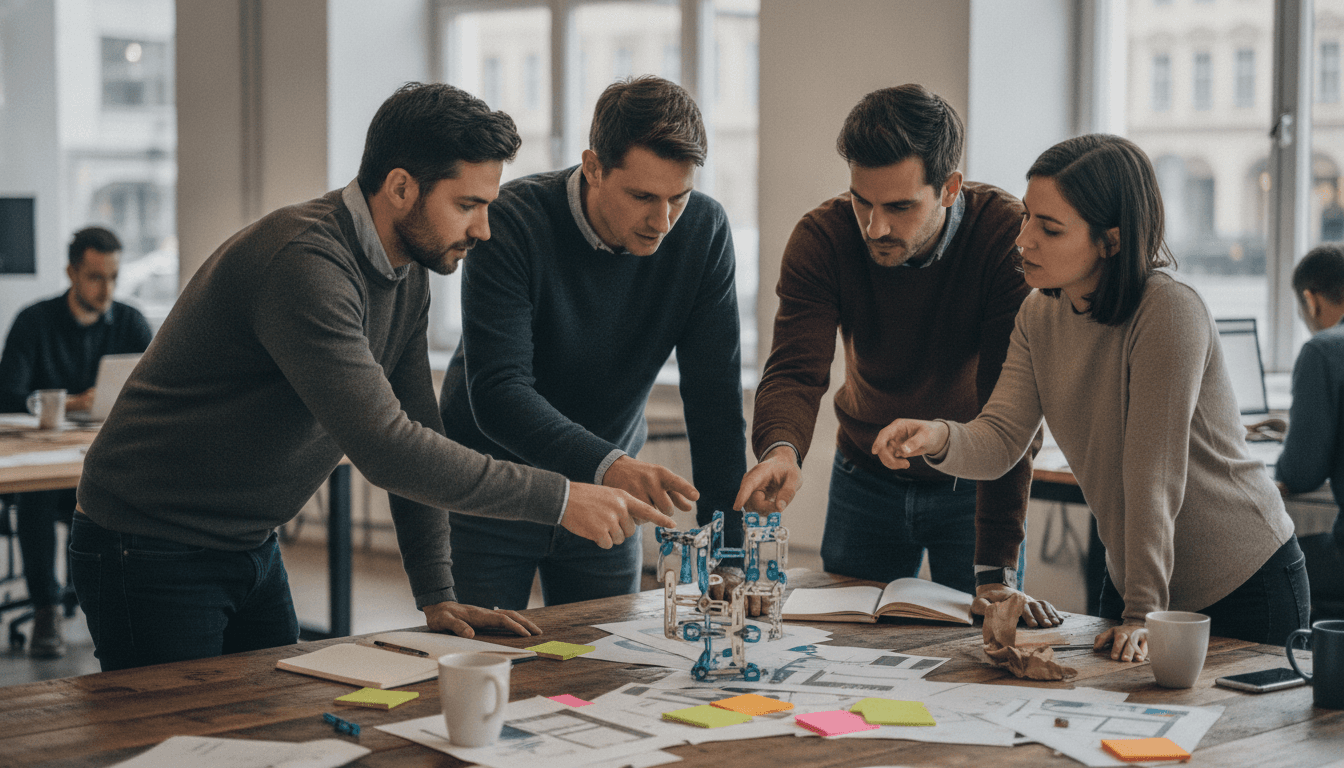 Ein Team von Gründern diskutiert einen Prototypen auf einem Tisch, umgeben von Notizen und Skizzen in einem modernen Büro.