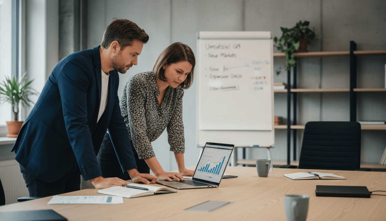 Zwei Gründer besprechen detailliert Umsatzprognosen und Marketingstrategien vor einer digitalen Präsentation, die Geschäftszahlen zeigt.