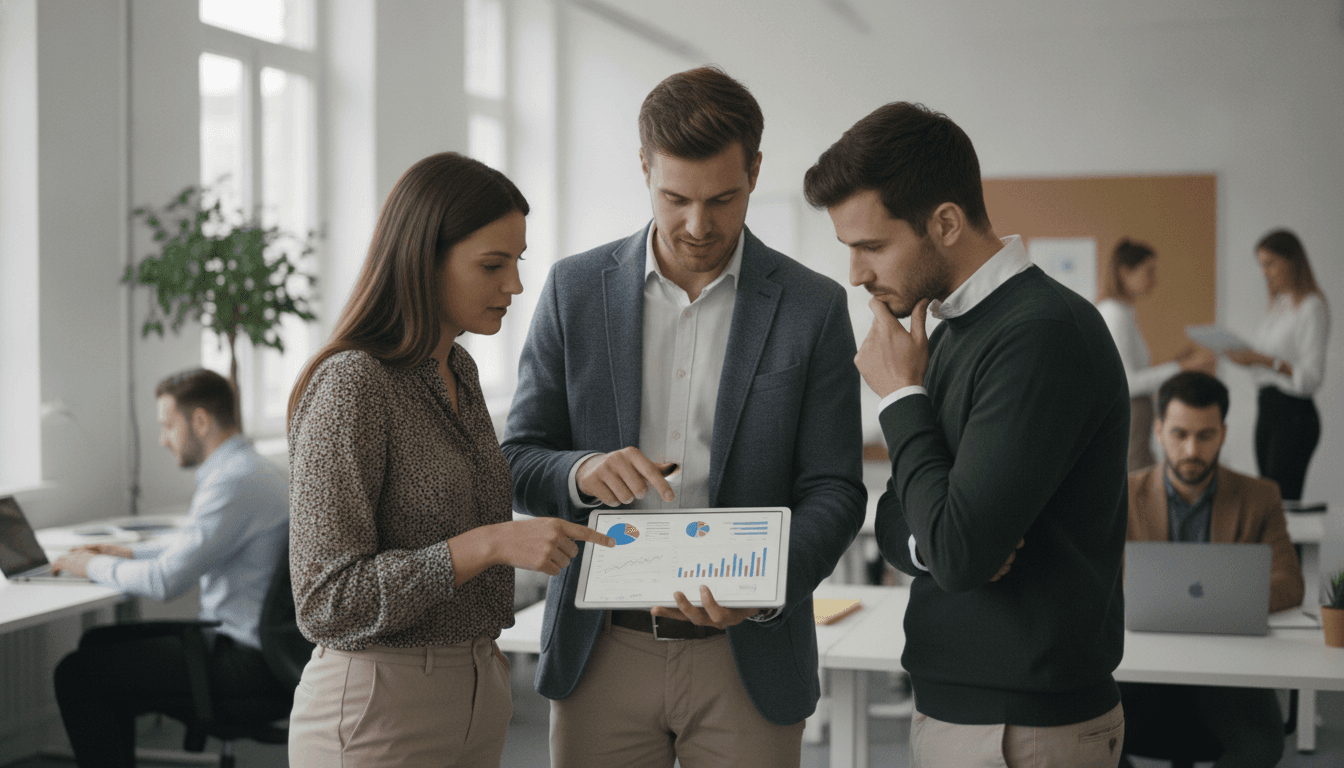 Junge Geschäftsleute besprechen Diagramme und Statistiken auf einem Tablet in einem modernen Büro. Im Hintergrund sind weitere Teammitglieder an Computern zu sehen.