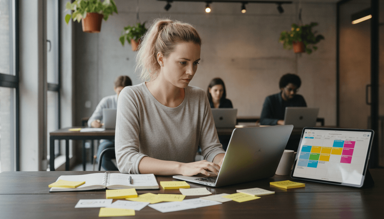 Junge Gründerin sitzt konzentriert an einem Laptop in einem modernen Coworking Space, umgeben von Notizen und einem digitalen Kalender auf einem Tablet, der ihren Zeitplan anzeigt.
